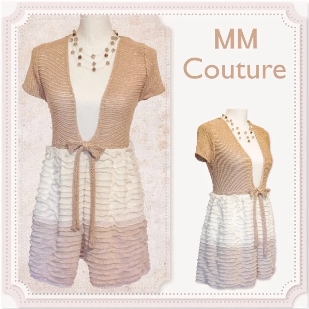 🆕 MM COUTURE Metallic Gold Tie Front Long Cardigan w/Ivory & Beige Ruffles NWT - Picture 12 of 12
